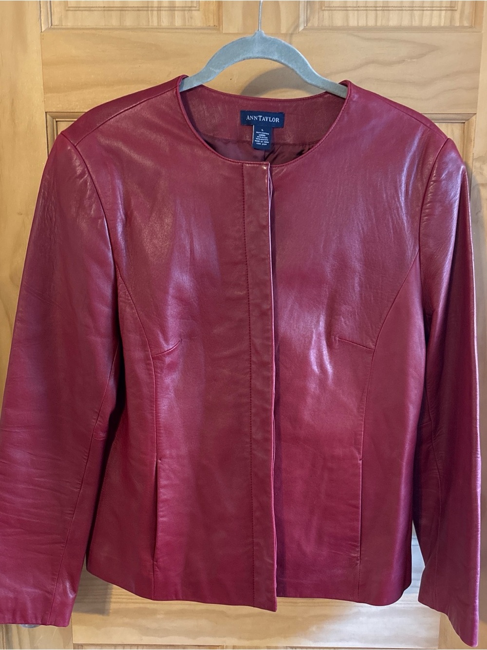 Ann Taylor Burgundy Leather Collarless Jacket
